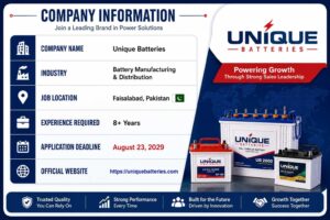 Unique Batteries company information showing job location, industry, experience required, application deadline, and official website for Area Sales Manager Jobs 2029.